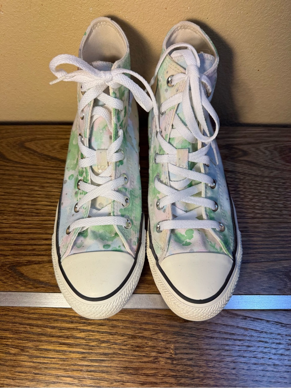 Converse High-Top Sneakers in White with Green Tie-Dye Accents